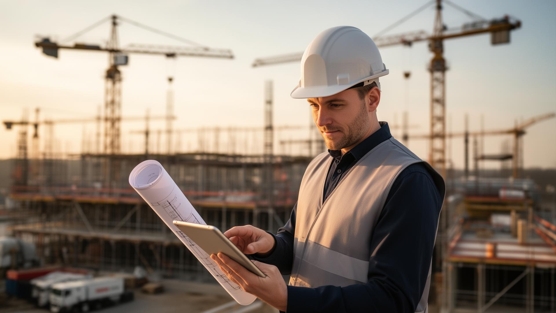 Bauleiter auf der Baustelle mit Tablet und Bauplänen
