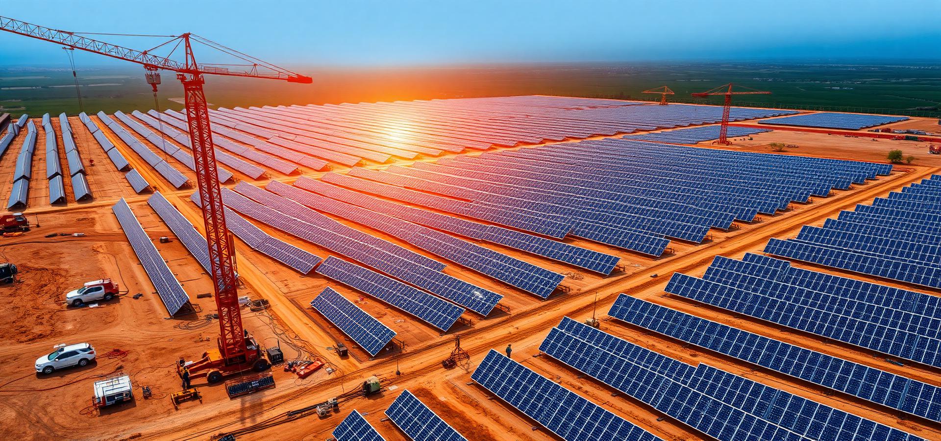 Solarpark-Baustelle aus der Luft im Sonnenuntergang