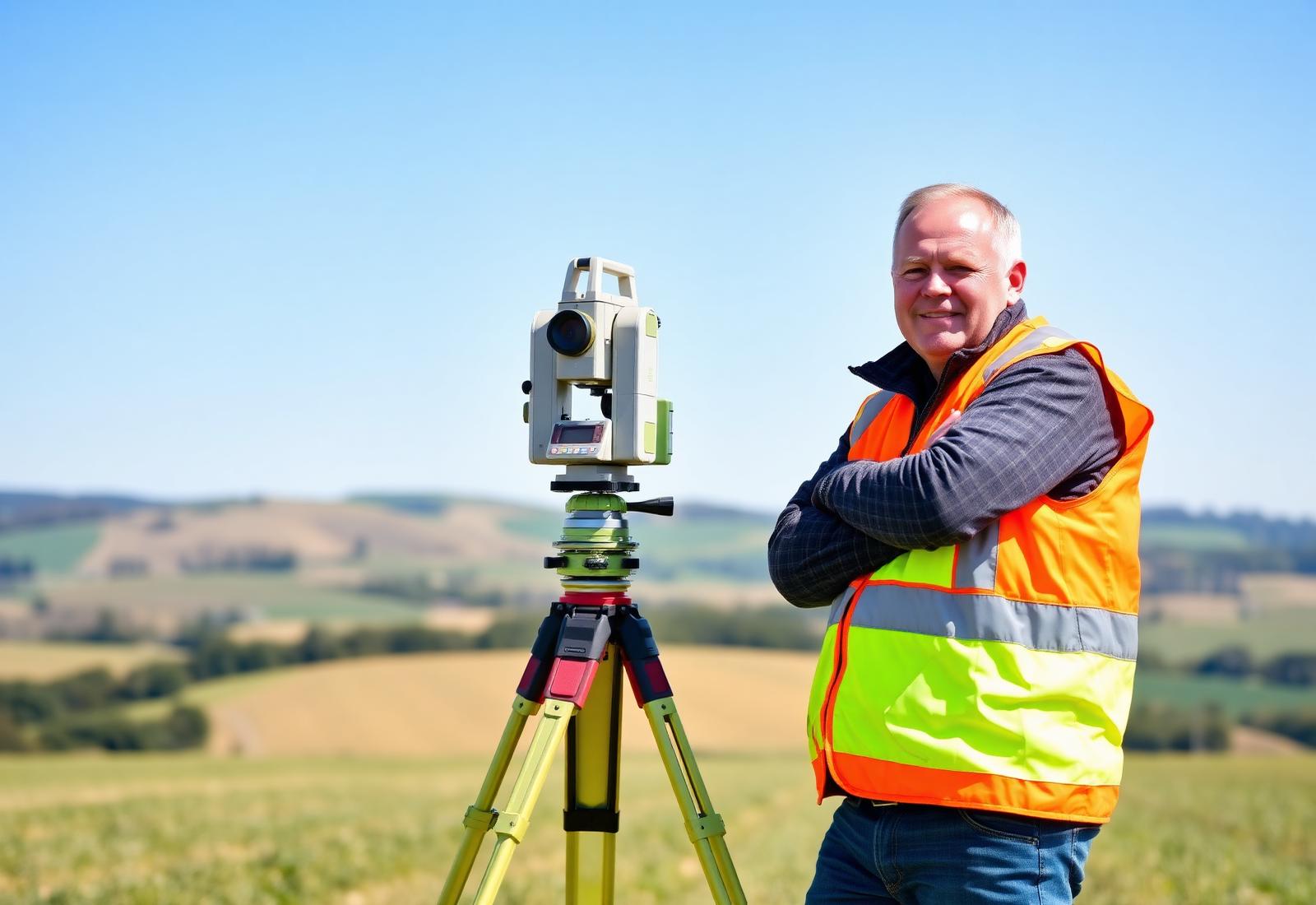 Vermessungstechniker mit Tachymeter im Feld