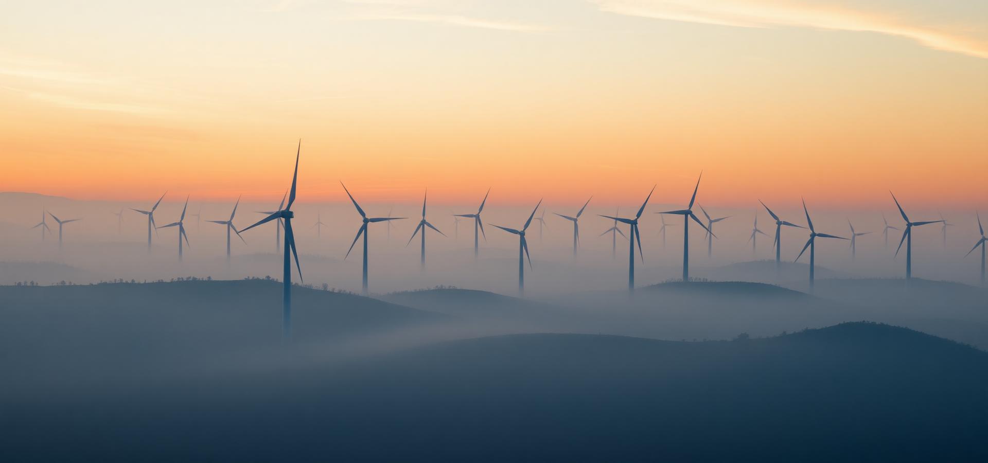 Windpark in der Morgendämmerung mit Bodennebel