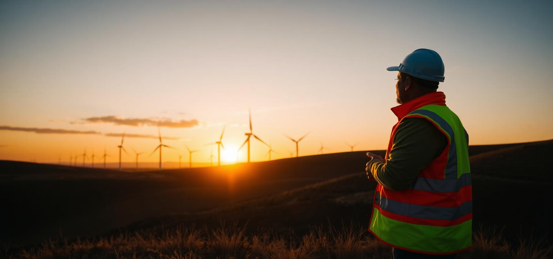 Ingenieur blickt auf Windpark im Sonnenuntergang