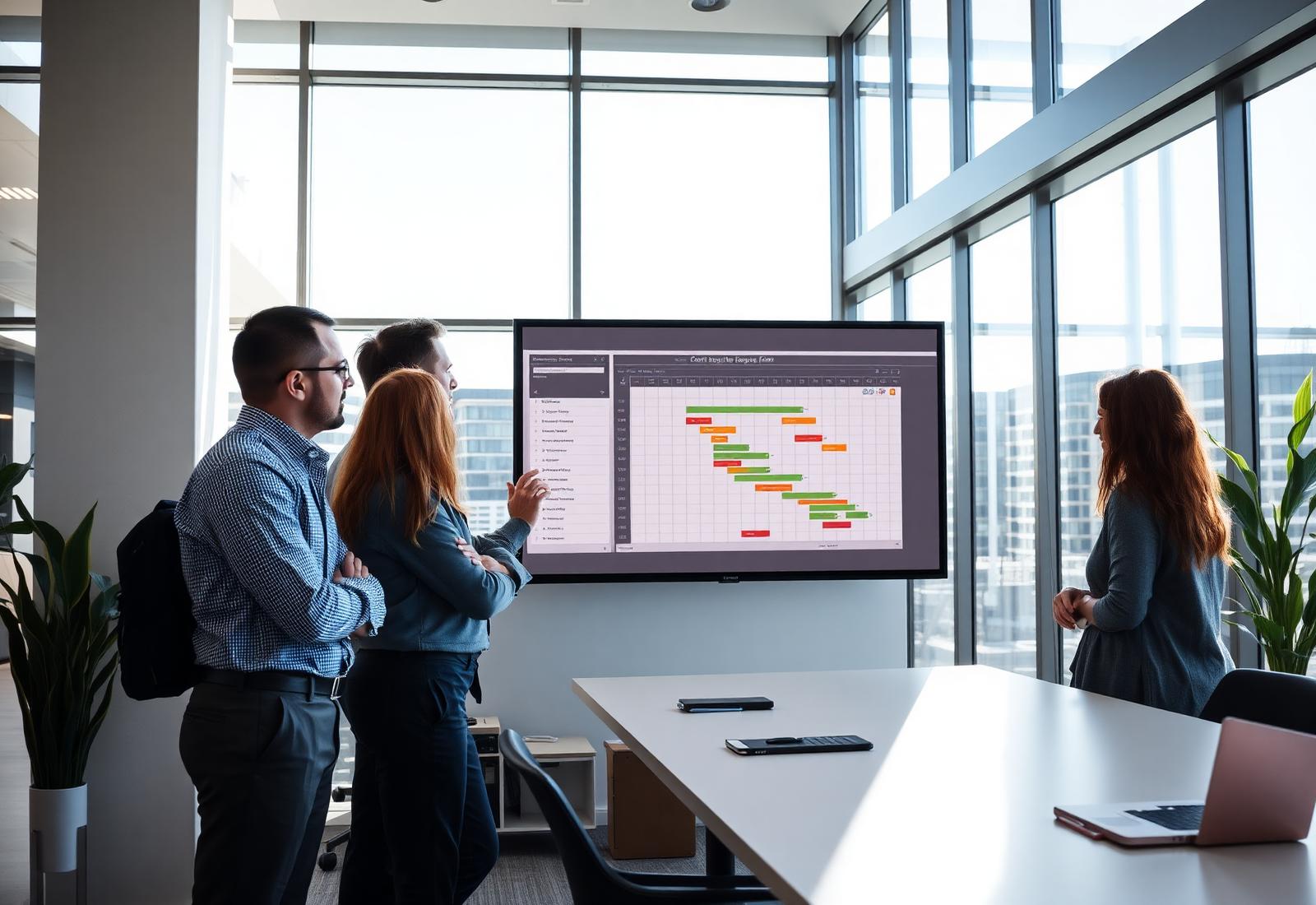 Projektteam vor Gantt-Chart im modernen Büro